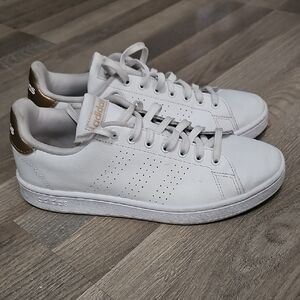 Adidas Women's Advantage Cloudfoam Sneakers in White with Gold Details